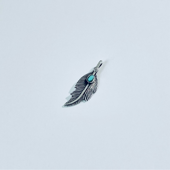 Sterling Silver Feather Pendant with Turquoise, Silver Pendants, Silver Charm - Picture 2 of 5